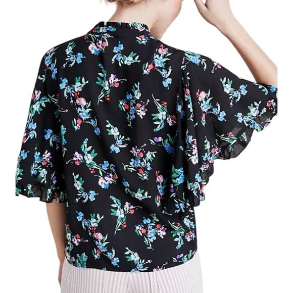 Maeve Anthropologie Aveiro Flutter Sleeve Floral Black Women's Top Blouse Large - Picture 2 of 10